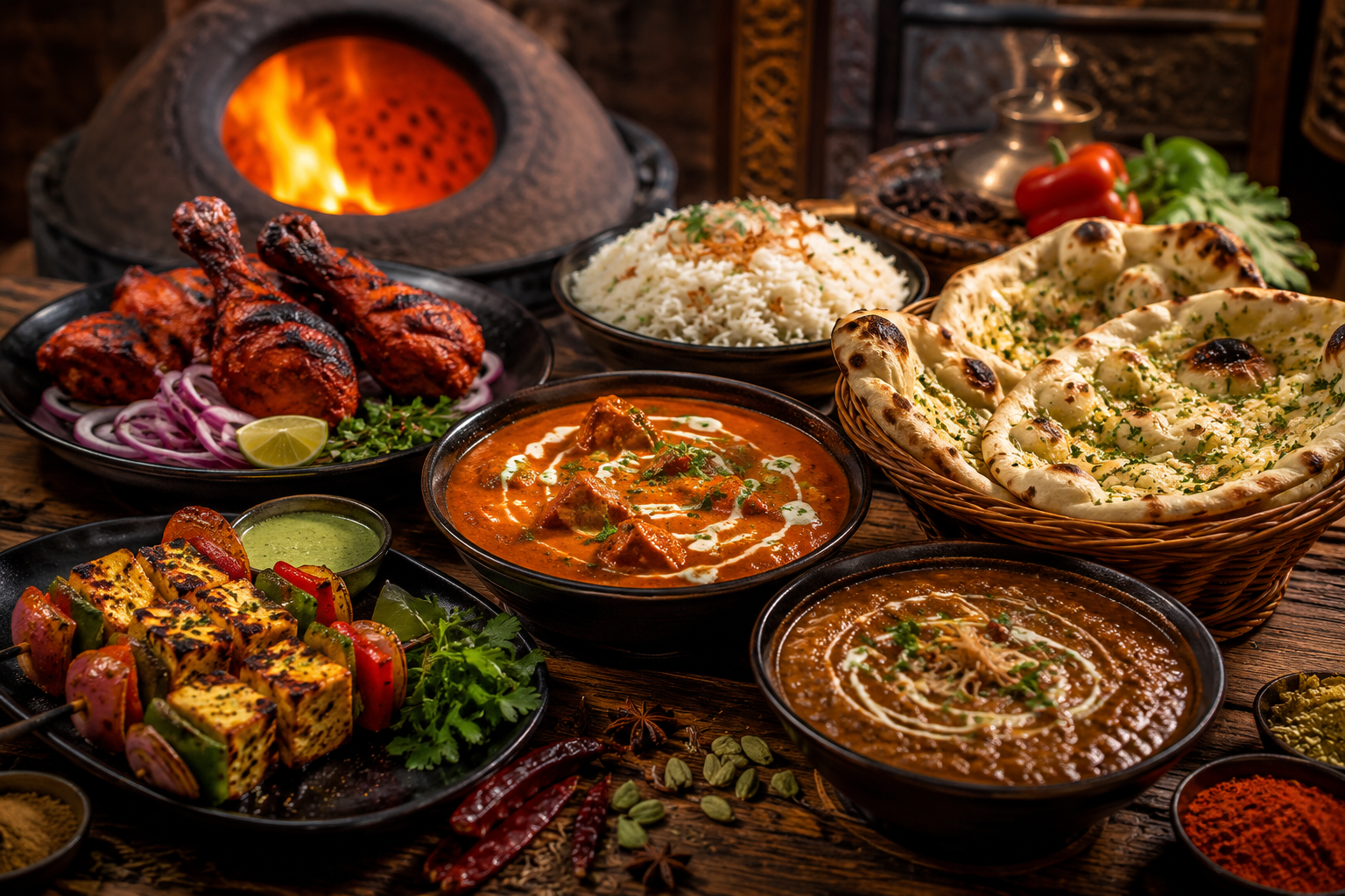 Authentic North Indian food featuring butter chicken, naan, paneer tikka, and tandoori dishes fresh from the tandoor.