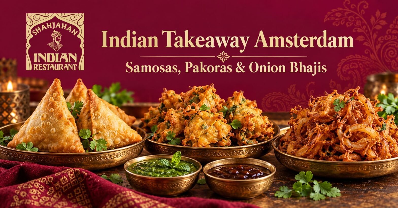 Samosas, pakoras and onion bhajis served with chutneys, with the Shah Jahan Indian Restaurant logo on a burgundy background.