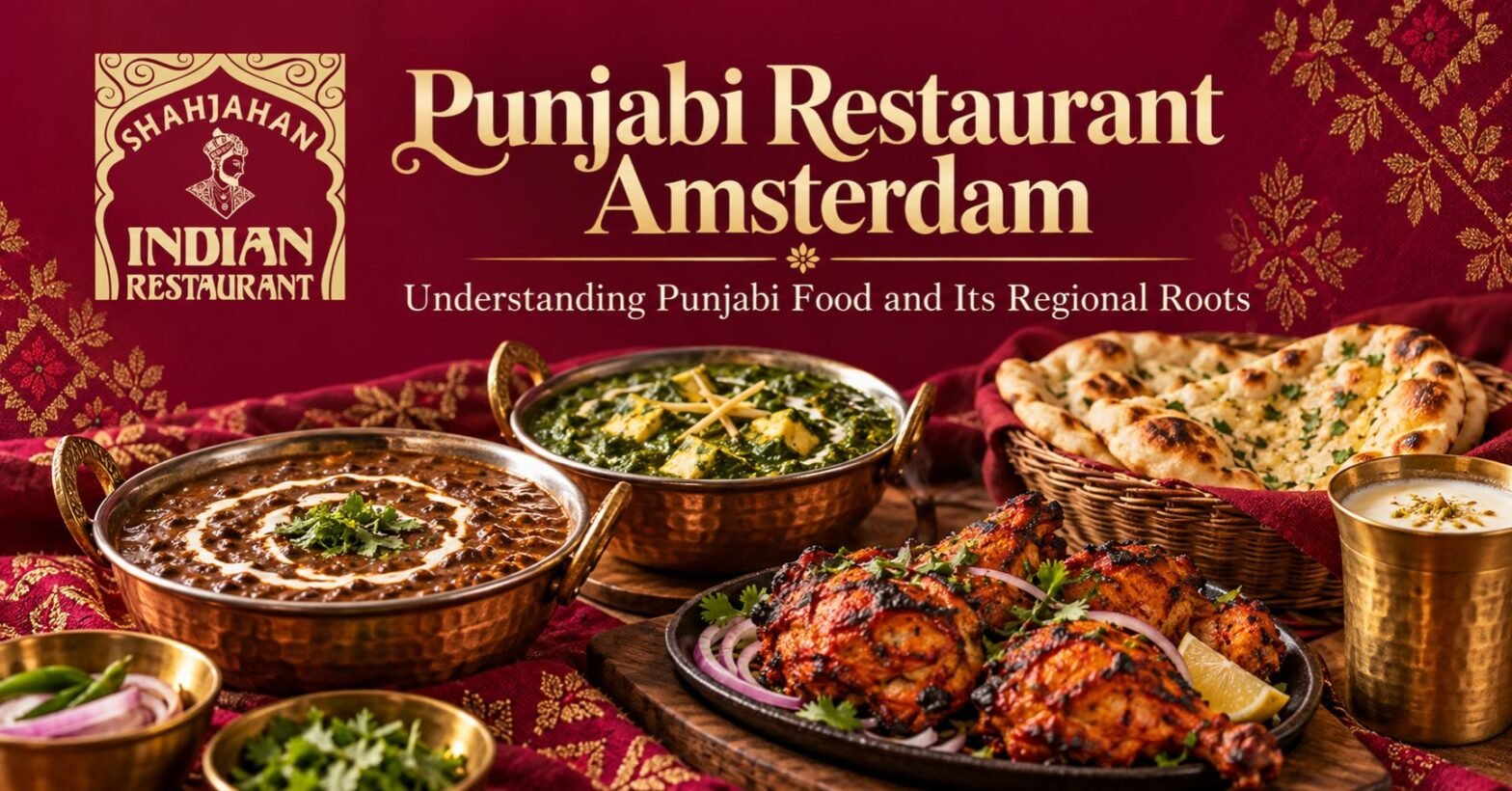 Punjabi food spread with dal makhani, palak paneer, tandoori chicken, naan and lassi, featuring the Shah Jahan logo.
