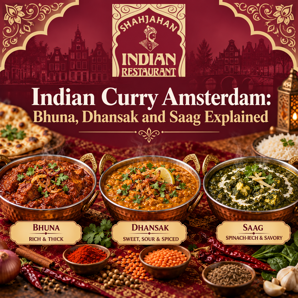 Bhuna, Dhansak and Saag curries at Shahjahan Indian Restaurant in Amsterdam.