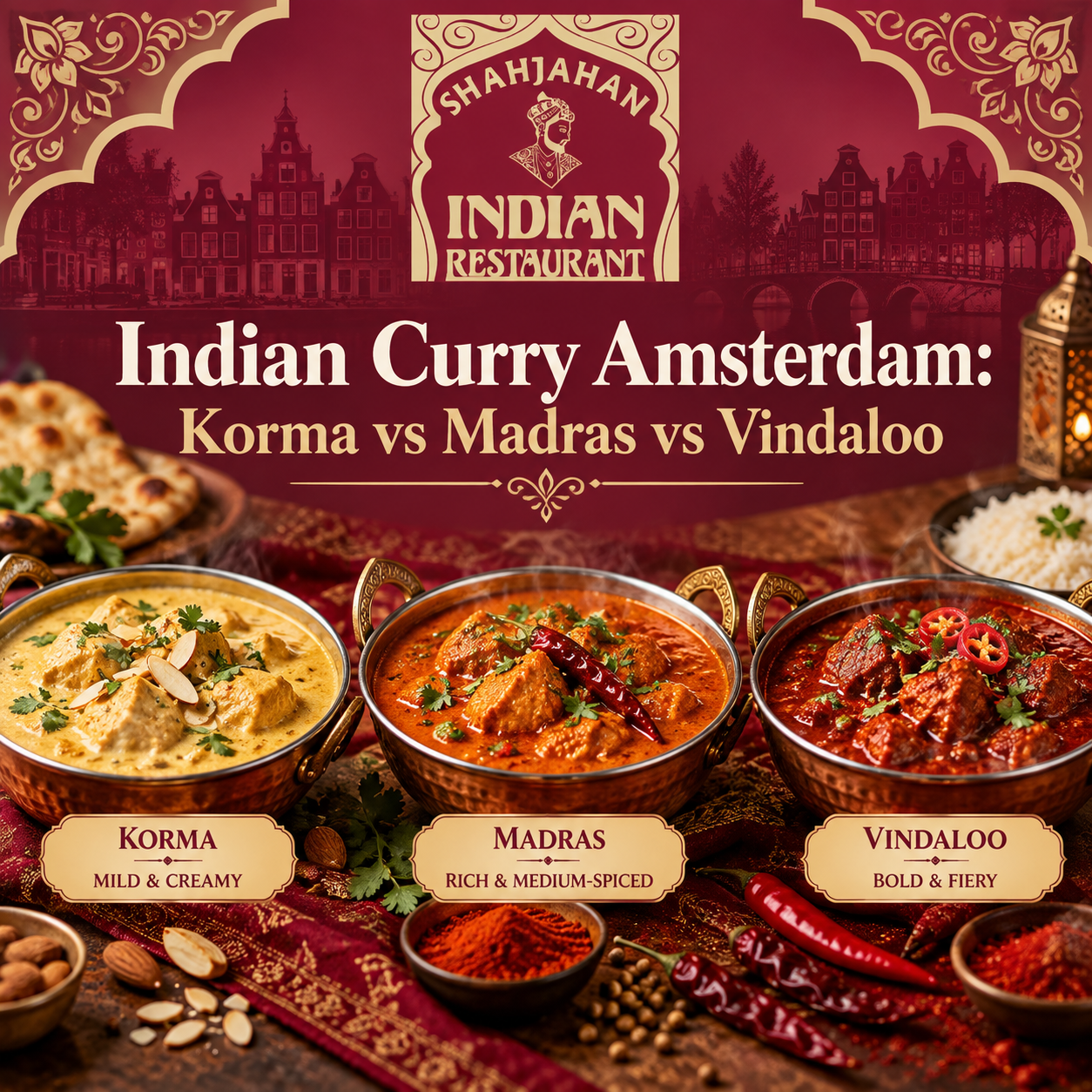 Shahjahan Indian Restaurant guide comparing Korma, Madras, and Vindaloo curries in Amsterdam.